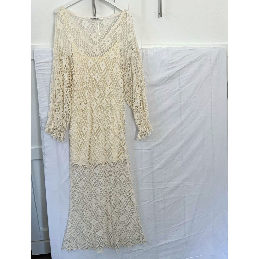 ZARA Women’s Ivory Sheer Crochet V-Neck Long Sleeve Maxi Dress Size M